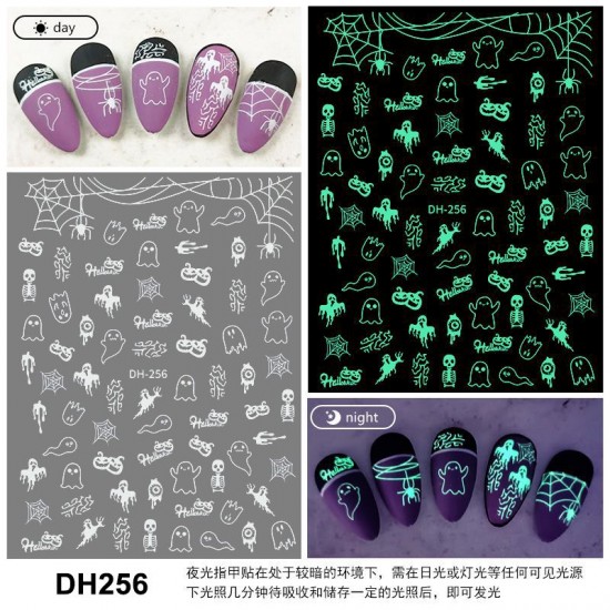 DH256  10Sheets/lot  Halloween Glow-in-the-Dark Nail Art Stickers