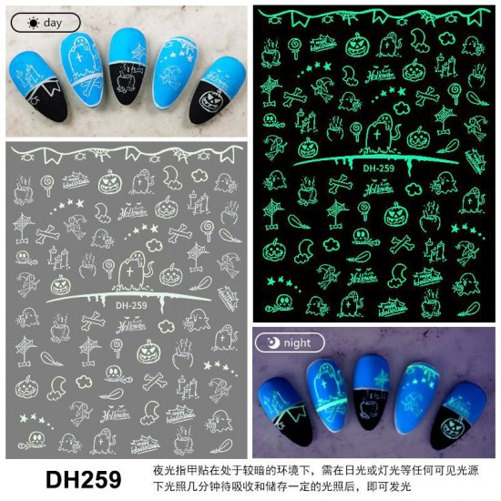 DH259  10Sheets/lot  Halloween Glow-in-the-Dark Nail Art Stickers