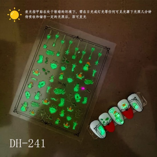 DH241  10Sheets/lot  Christmas Glow-in-the-Dark Nail Art Stickers