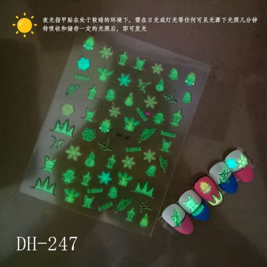 DH247  10Sheets/lot  Christmas Glow-in-the-Dark Nail Art Stickers