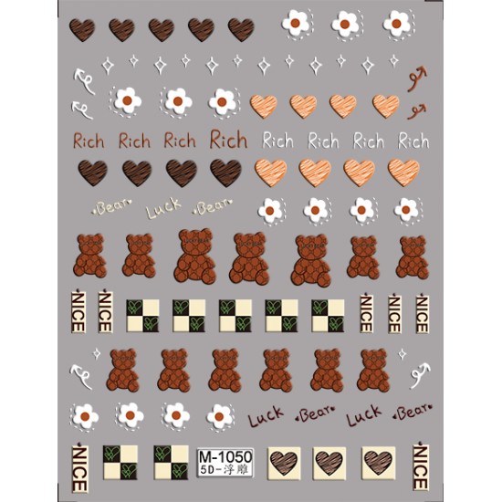 5D-M1050  10pcs/lot Bear Embossed Nail Stickers