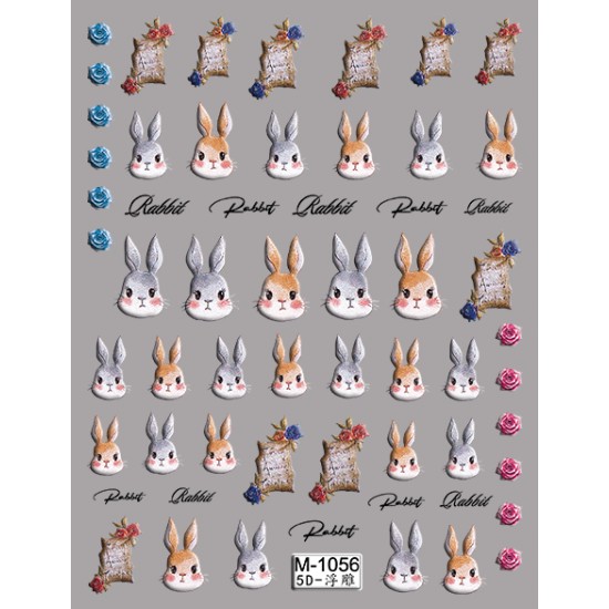 5D-M1056   10pcs/lot Rabbit Embossed Nail Stickers